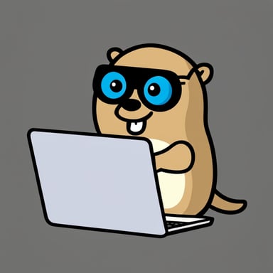 Go Blue Gopher with black cloth laughing and looking at a laptop full of 10101.
