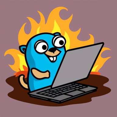 Go Blue Gopher laughing with a laptop and flames in the background.
