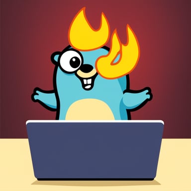 Go Blue Gopher laughing with a laptop and flames in the background.