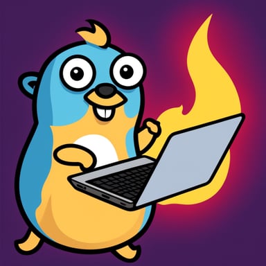 Go Blue Gopher laughing with a laptop and flames in the background.