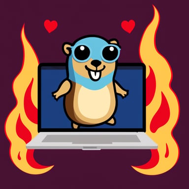 Go Blue Gopher laughing with a laptop and flames in the background.