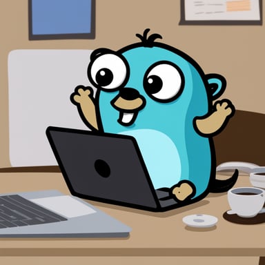Go blue gopher panicking in front of the laptop.