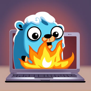 Go Blue Gopher stood frozen, staring at the flames engulfing the laptop, a mix of fear and surprise in its eyes.