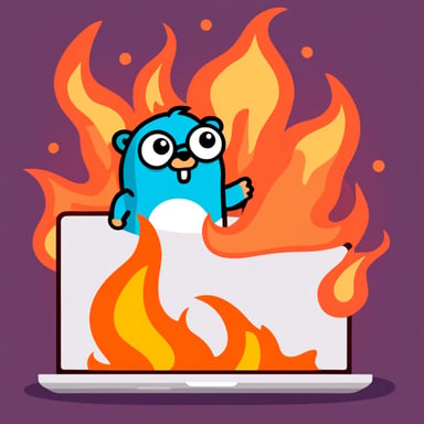 Go Blue Gopher stood frozen, staring at the flames engulfing the laptop, a mix of fear and surprise in its eyes.