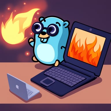 Go Blue Gopher stood frozen, staring at the flames engulfing the laptop, a mix of fear and surprise in its eyes.