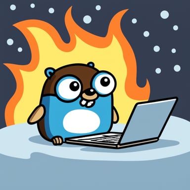 Go Blue Gopher stood frozen, staring at the flames engulfing the laptop, a mix of fear and surprise in its eyes.