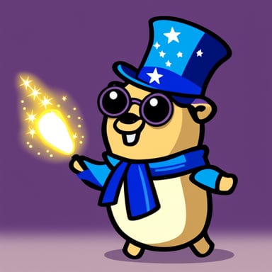 Go Blue Gopher as a magician doing a trick with sparkles.