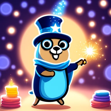 Go Blue Gopher as a magician doing a trick with sparkles.