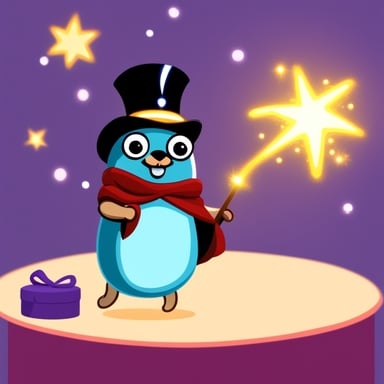 Go Blue Gopher as a magician doing a trick with sparkles.