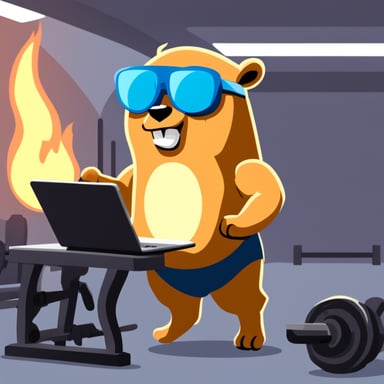 Go Blue Gopher as a bodybuilder at the gym with a laptop on fire.