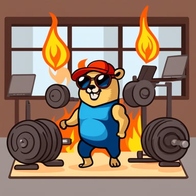 Go Blue Gopher as a bodybuilder at the gym with a laptop on fire.