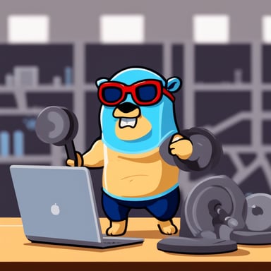 Go Blue Gopher as a bodybuilder at the gym with a laptop on fire.