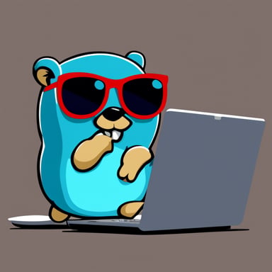 Go Blue Gopher as a programmer with sunglasses coding using the laptop.