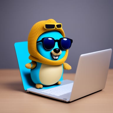 Go Blue Gopher as a programmer with sunglasses coding using the laptop.