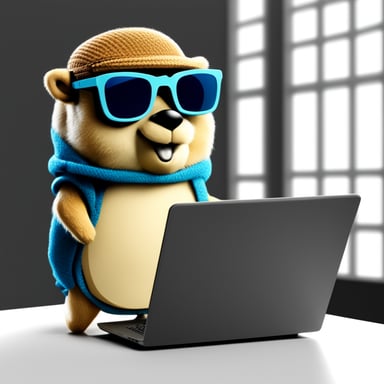 Go Blue Gopher as a programmer with sunglasses coding using the laptop.
