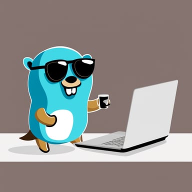 Go Blue Gopher as a programmer with sunglasses coding using the laptop.