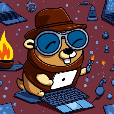 Stylish Go Blue Gopher using a burning laptop.