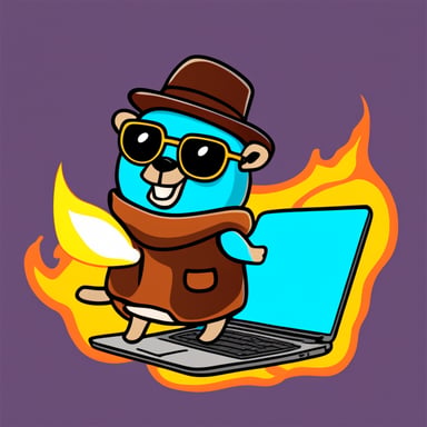 Stylish Go Blue Gopher using a burning laptop.