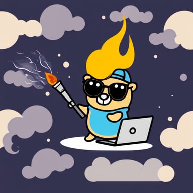 Stylish Go Blue Gopher using a burning laptop.