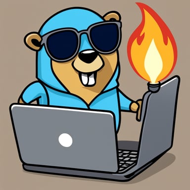 Stylish Go Blue Gopher using a burning laptop.
