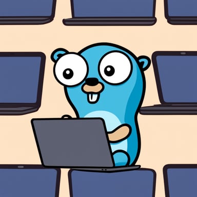 Go Blue Gopher is looking at a laptop screen with an expression identical to the thinking emoji.