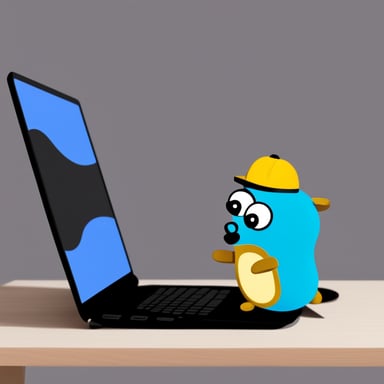 Go Blue Gopher is looking at a laptop screen with an expression identical to the thinking emoji.