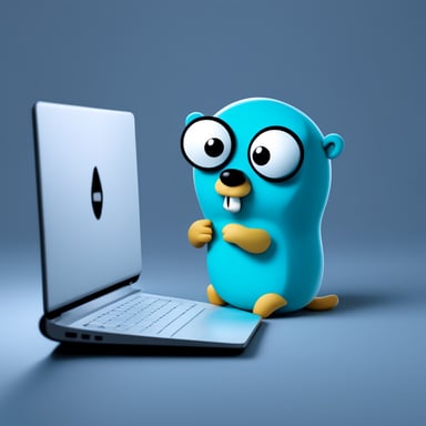 Go Blue Gopher is looking at a laptop screen with an expression identical to the thinking emoji.