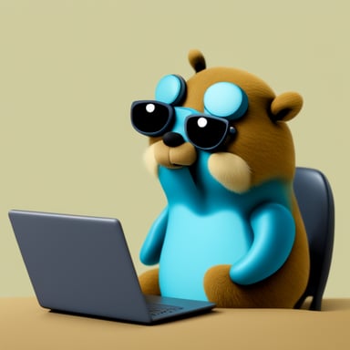 Go Blue Gopher sitting and looking at a laptop screen while having a thoughtful expression on his face. Vision from the back of his laptop.