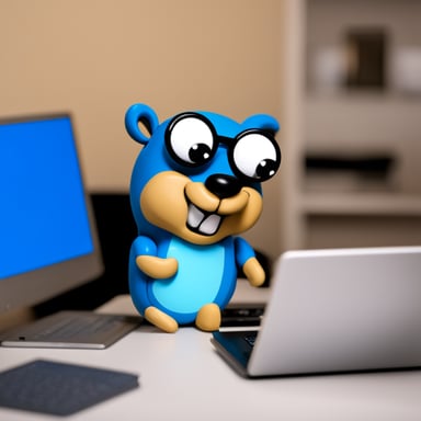 Go Blue Gopher sitting and looking at a laptop screen while having a thoughtful expression on his face. Vision from the back of his laptop.