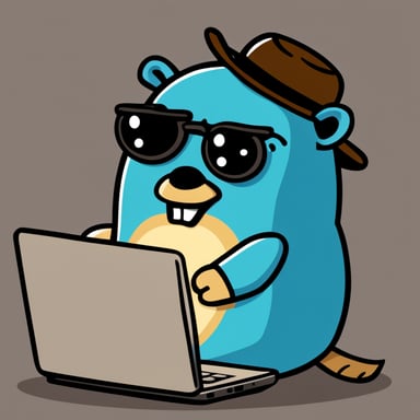 Go Blue Gopher sitting and looking at a laptop screen while having a thoughtful expression on his face. Vision from the back of his laptop.