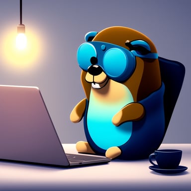 Go Blue Gopher is seated, gazing at a laptop screen with a contemplative expression, not wearing glasses. The perspective is from behind his laptop.