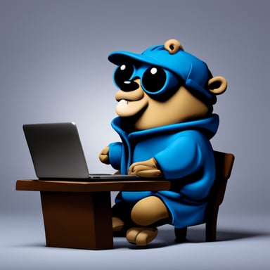 Go Blue Gopher is seated, gazing at a laptop screen with a contemplative expression, not wearing glasses. The perspective is from behind his laptop.
