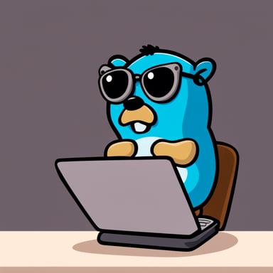 Go Blue Gopher is seated, gazing at a laptop screen with a contemplative expression, not wearing glasses. The perspective is from behind his laptop.