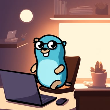 Go Blue Gopher is seated, gazing at a laptop screen with a contemplative expression, not wearing glasses. The perspective is from behind his laptop.