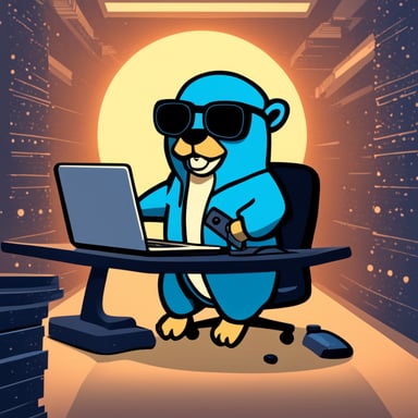 Go Blue Gopher in front of a laptop, hacking into the GIBSON mainframe and wearing hacker-style clothes.