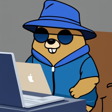 Go Blue Gopher in front of a laptop, hacking into the GIBSON mainframe and wearing hacker-style clothes.