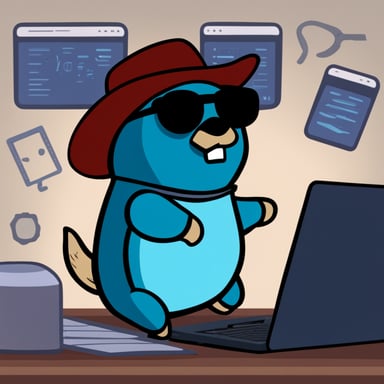 Go Blue Gopher in front of a laptop, hacking into the GIBSON mainframe and wearing hacker-style clothes.