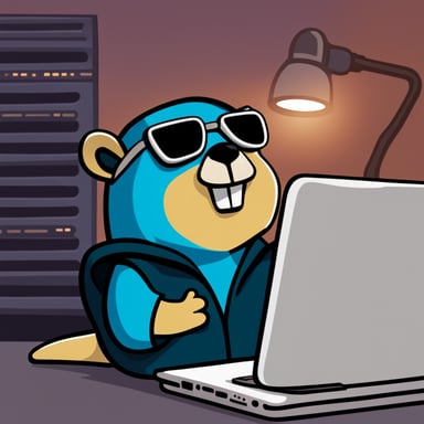 Go Blue Gopher in front of a laptop, hacking into the GIBSON mainframe and wearing hacker-style clothes.
