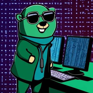 Go Blue Gopher, in front of a laptop, hacks into a mainframe while dressed in hacker-style clothes, with a background styled in the Matrix's green text.