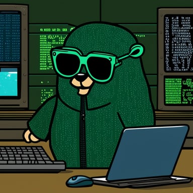 Go Blue Gopher, in front of a laptop, hacks into a mainframe while dressed in hacker-style clothes, with a background styled in the Matrix's green text.
