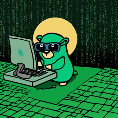 Go Blue Gopher, in front of a laptop, hacks into a mainframe while dressed in hacker-style clothes, with a background styled in the Matrix's green text.