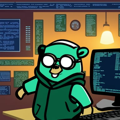 Go Blue Gopher, in front of a laptop, hacks into a mainframe while dressed in hacker-style clothes, with a background styled in the Matrix's green text.