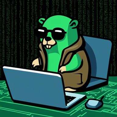 Go Blue Gopher, sitting in front of a laptop, hacks into a mainframe while dressed in hacker-style clothes, against a backdrop of the Matrix's iconic green text.