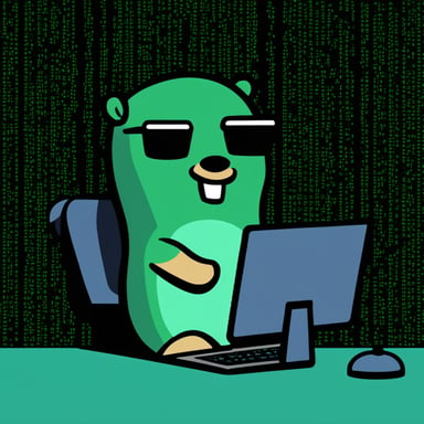Go Blue Gopher, sitting in front of a laptop, hacks into a mainframe while dressed in hacker-style clothes, against a backdrop of the Matrix's iconic green text.