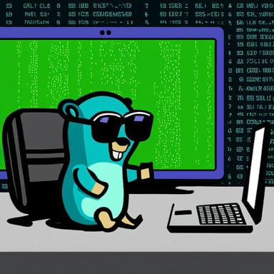 Go Blue Gopher, sitting in front of a laptop, hacks into a mainframe while dressed in hacker-style clothes, against a backdrop of the Matrix's iconic green text.