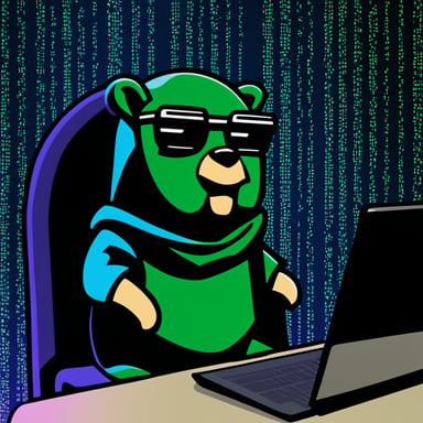 Go Blue Gopher, sitting in front of a laptop, hacks into a mainframe while dressed in hacker-style clothes, against a backdrop of the Matrix's iconic green text.