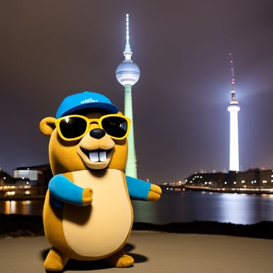 Go Blue Gopher, as a tourist in Berlin, Germany, takes a selfie in front of the TV Tower.