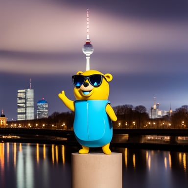 Go Blue Gopher, as a tourist in Berlin, Germany, takes a selfie in front of the TV Tower.