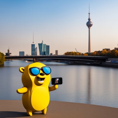 Go Blue Gopher, as a tourist in Berlin, Germany, takes a selfie in front of the TV Tower.