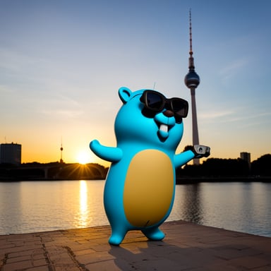 Go Blue Gopher, as a tourist in Berlin, Germany, takes a selfie in front of the TV Tower.